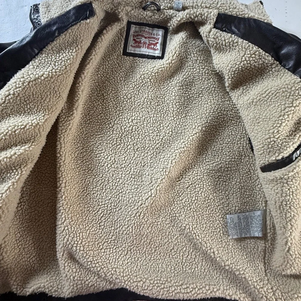 Levi Strauss Faux Leather Jacket Men Large Brown Sherpa Lined Field Coat RN54163 - Picture 3 of 8